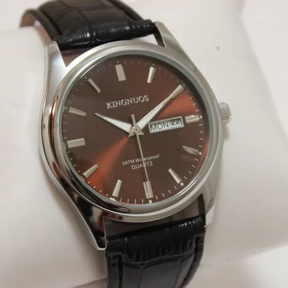 Men's Contemporary Dress Watch Silver Case Black Leather Watch Strap 40mm - Picture 5 of 13